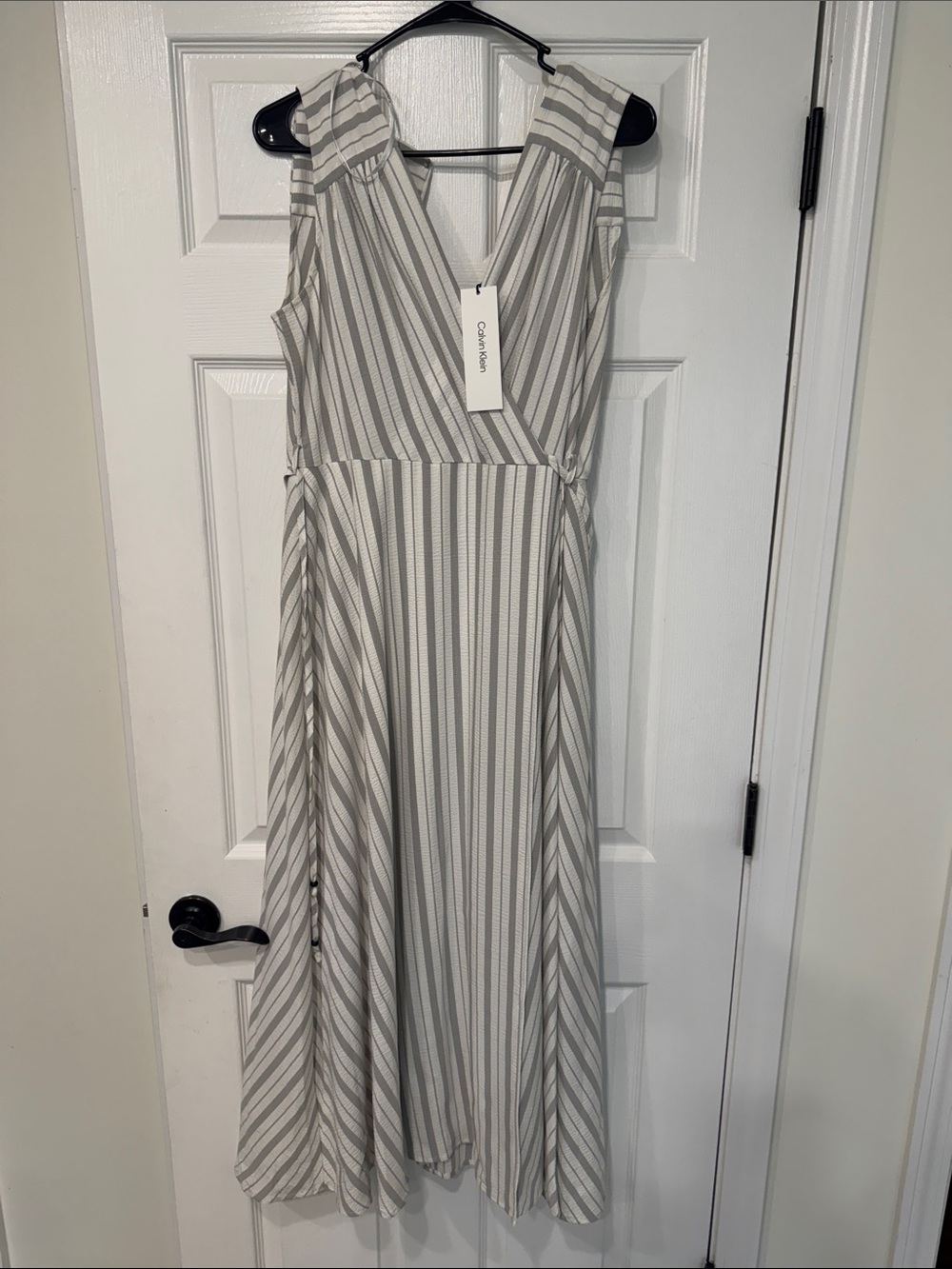 Calvin Klein Cream and Gray Striped Sleeveless Midi Dress
